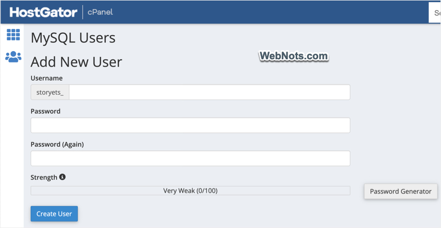 Создать пользователя для базы данных