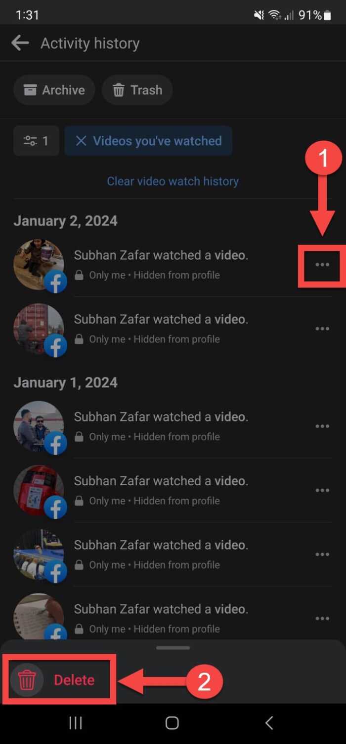 Удалить определенное видео из журнала активности Facebook на телефоне
