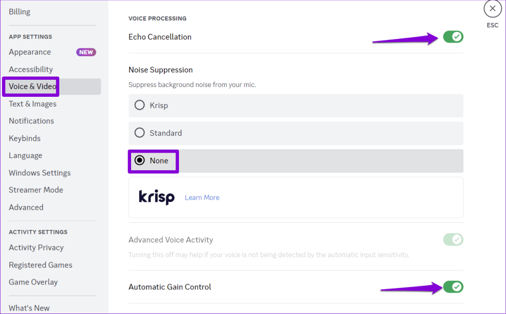 Параметры голоса Discord