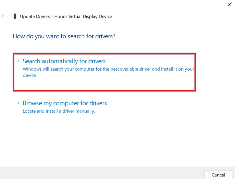 Выбор автоматического поиска драйверов
