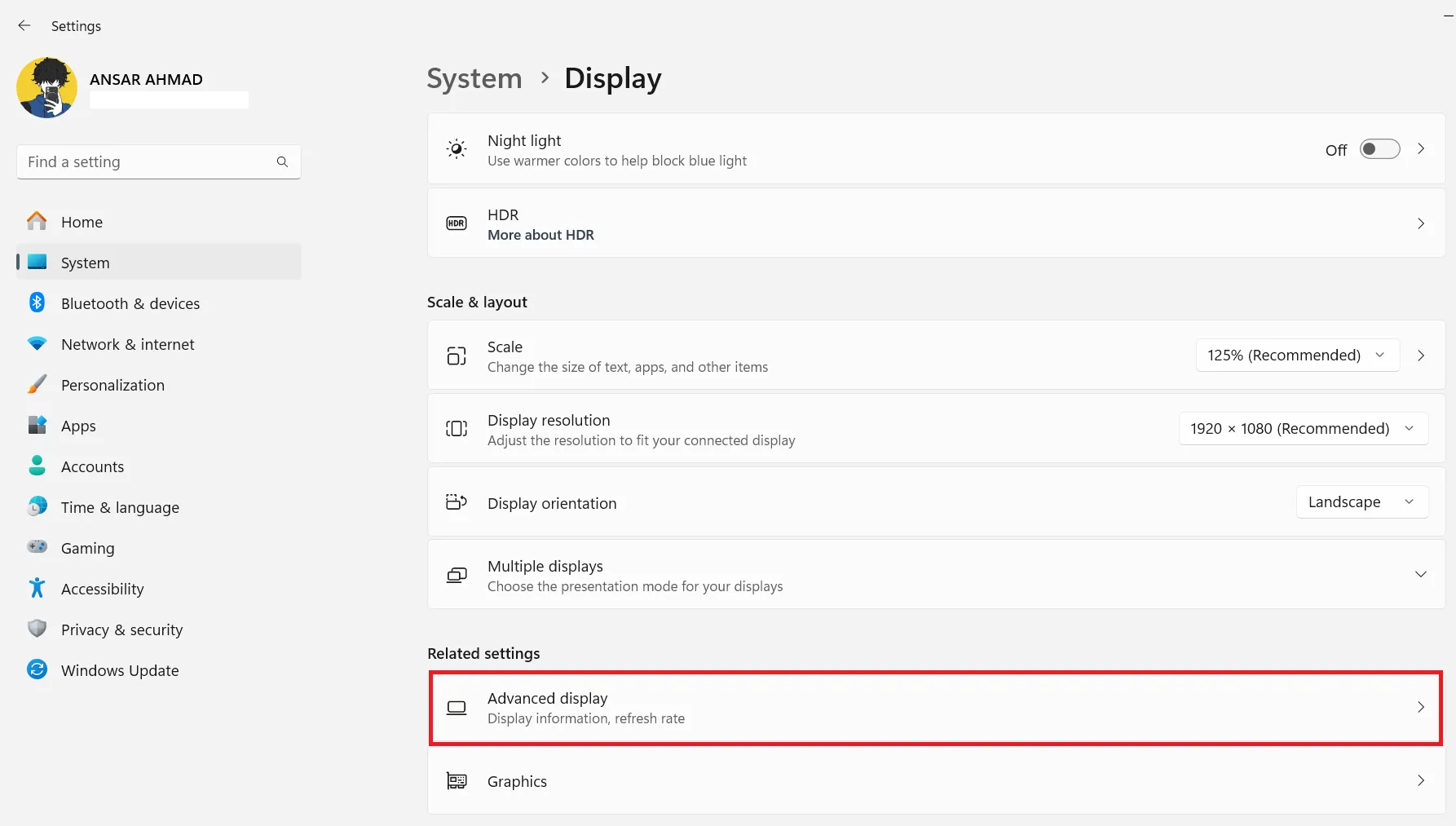 Нажатие «Расширенный дисплей»