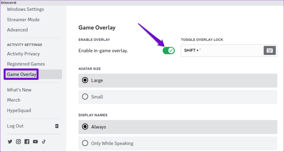 Включить наложение Discord в Windows