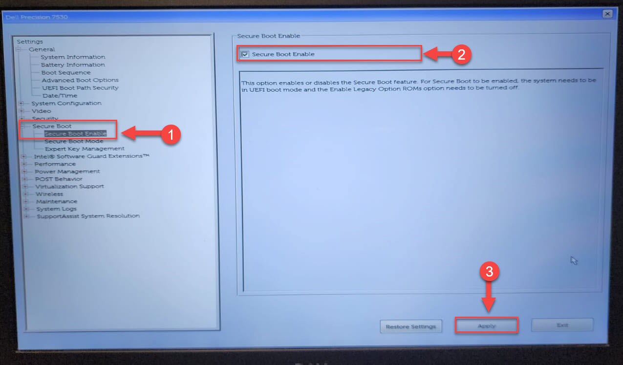Включить безопасную загрузку из BIOS