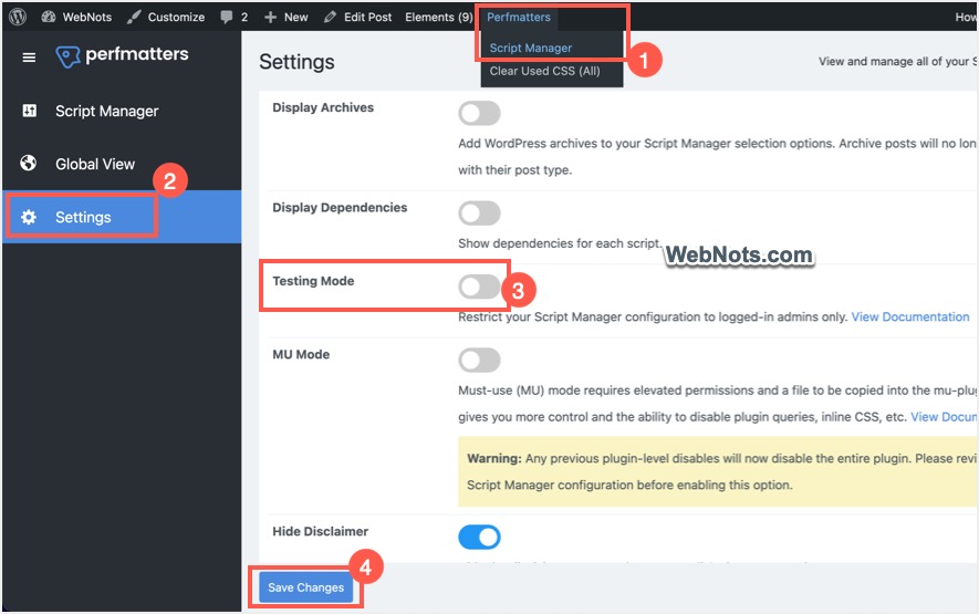 Включить режим тестирования для диспетчера сценариев Perfmatters