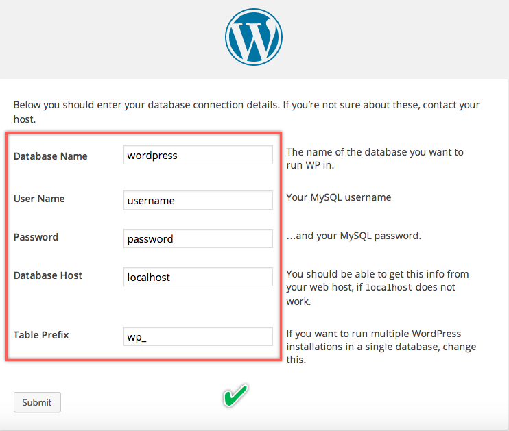 Ввод данных базы данных во время установки WordPress