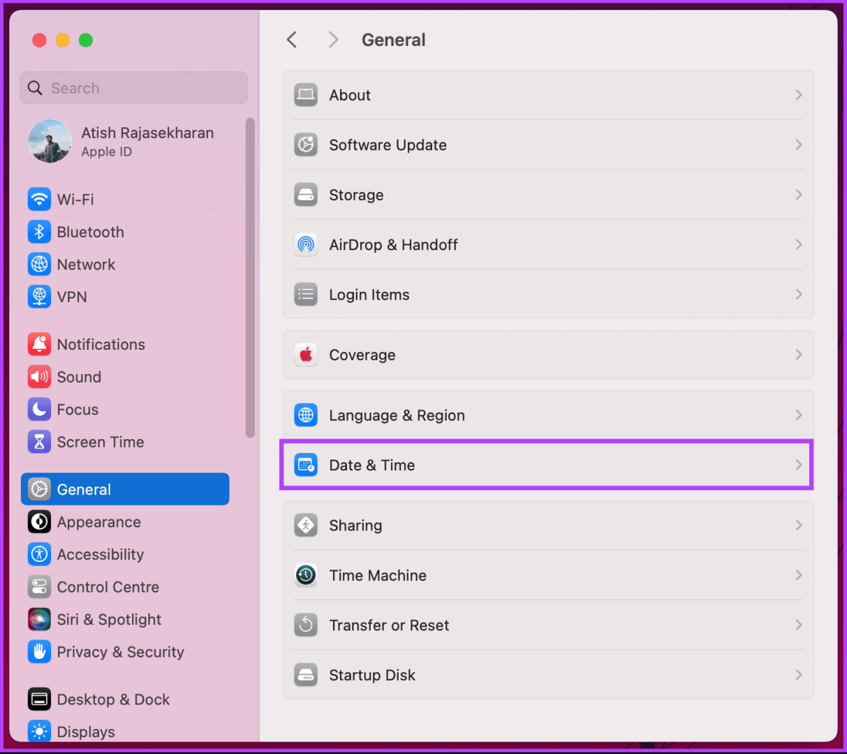 выберите опцию «Дата и время»