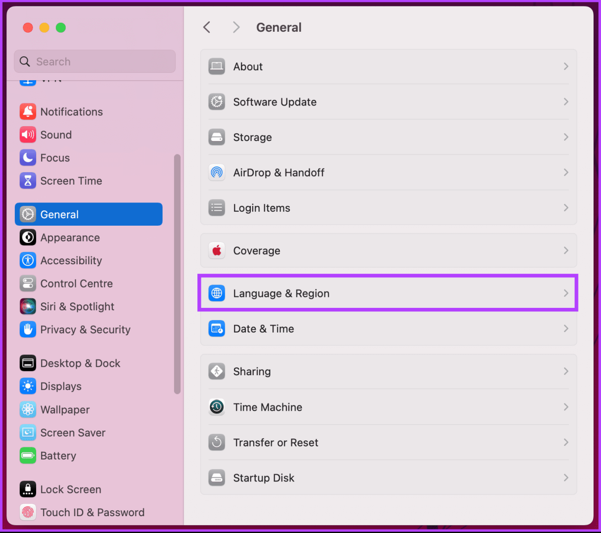 выберите опцию «Язык и регион»