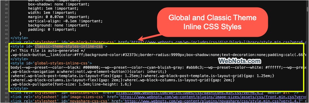Встроенный CSS в глобальной и классической теме в заголовке WordPress