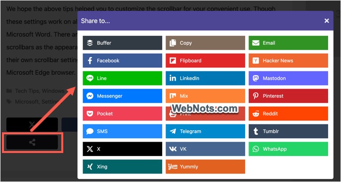 Дополнительные всплывающие кнопки «Поделиться»