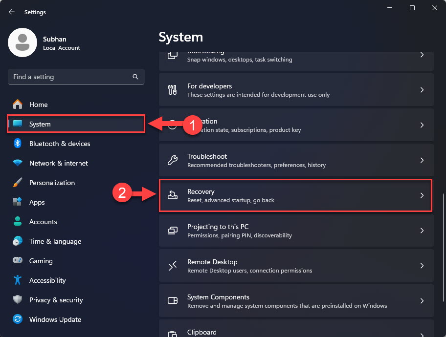 Откройте настройки восстановления