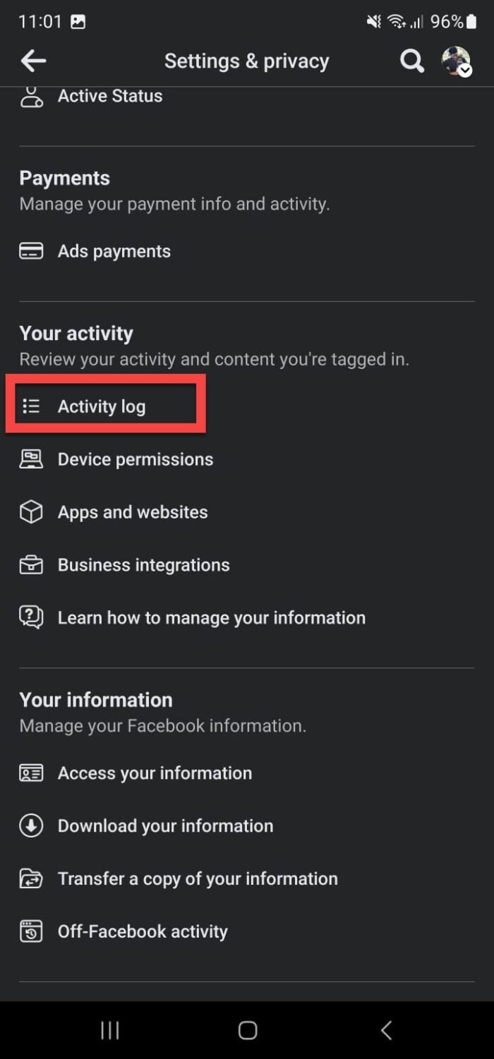 Откройте журнал активности