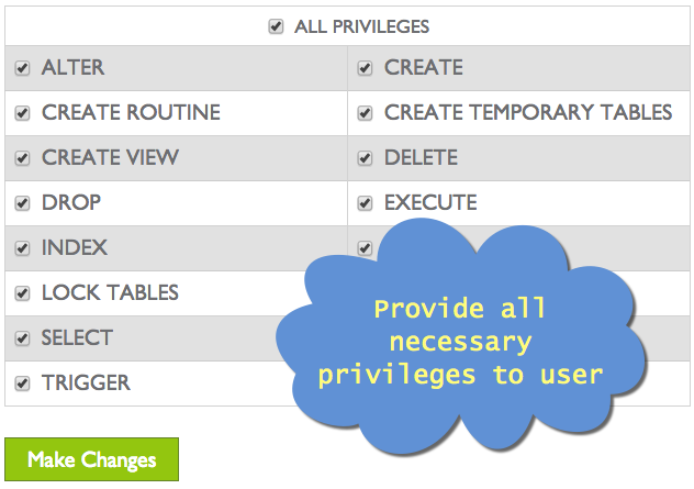 Предоставьте привилегии пользователю базы данных