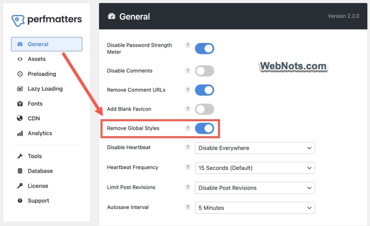 Удалить глобальные стили в плагине Perfmatters