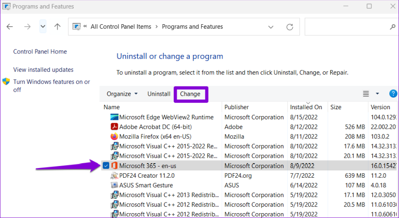 Восстановить пакет MS Office