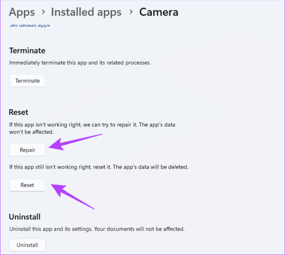 Восстановить и сбросить приложение