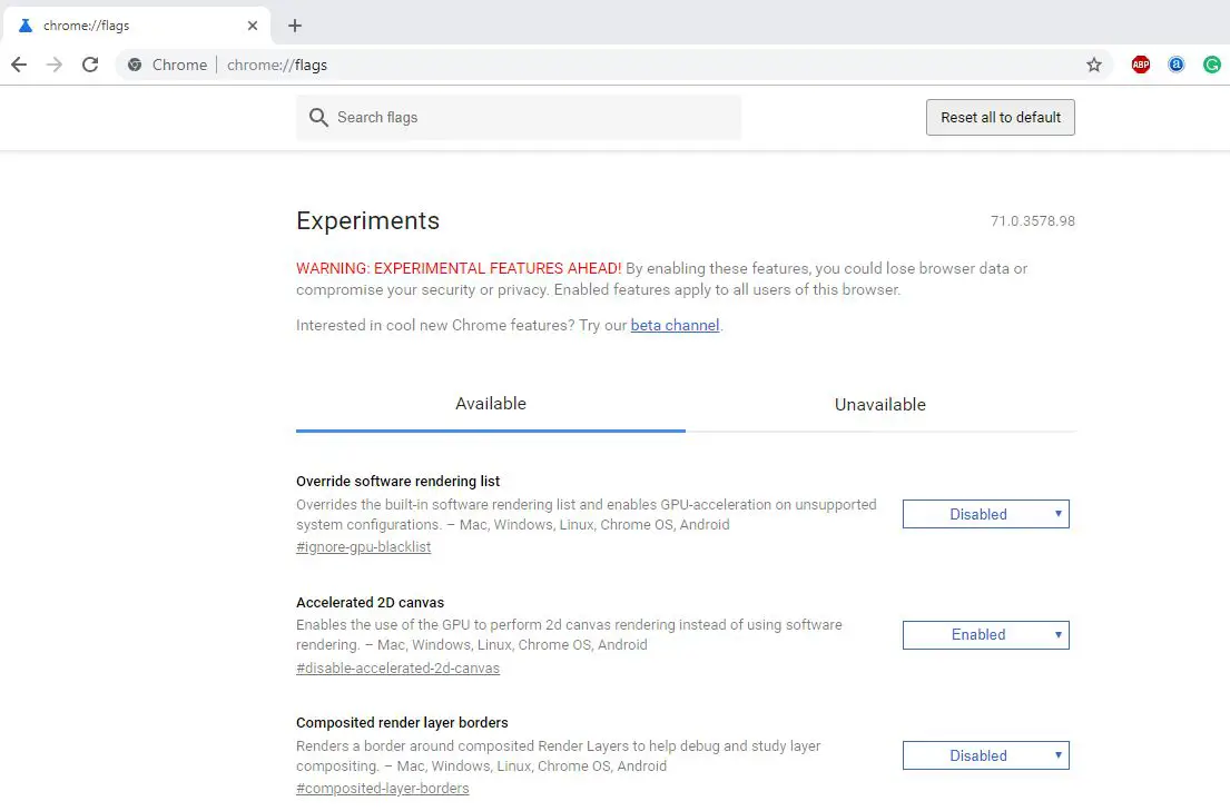 Сброс Chrome до значений по умолчанию по флагам