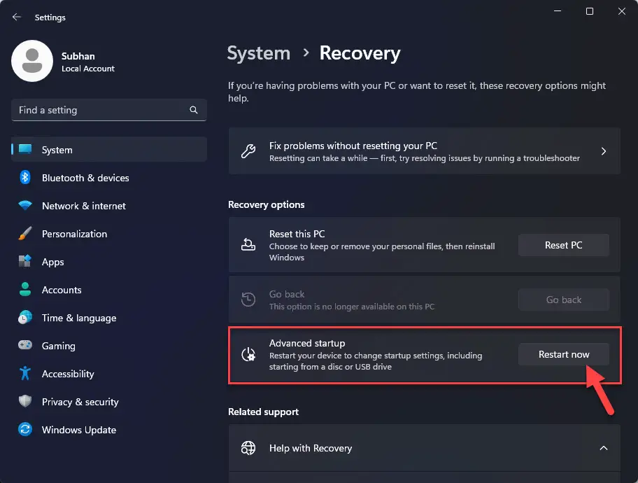 Перезагрузите компьютер для расширенного запуска.