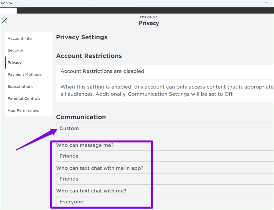 Настройки чата Роблокс
