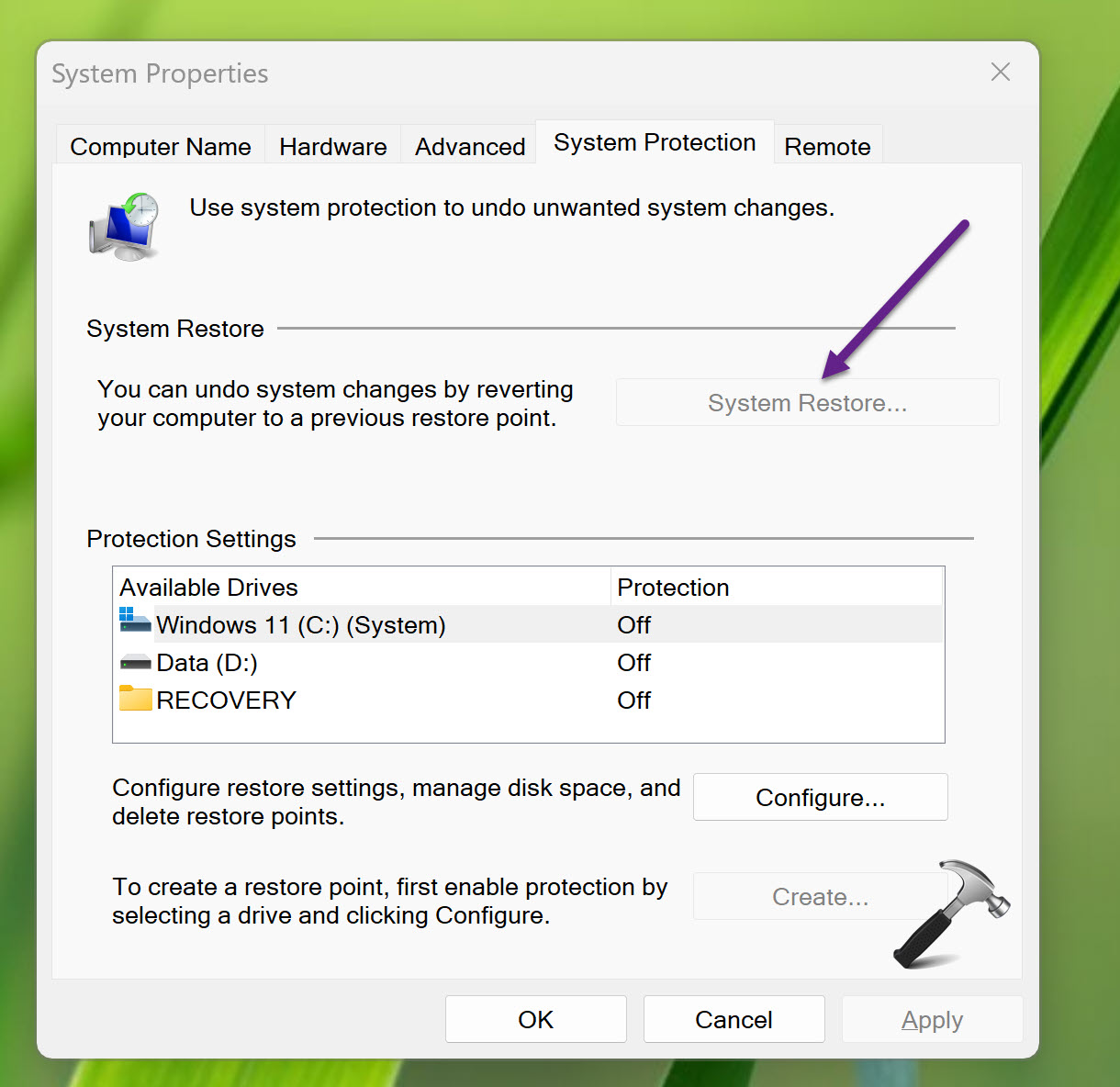 Исправлено: восстановление системы неактивно в Windows 11.