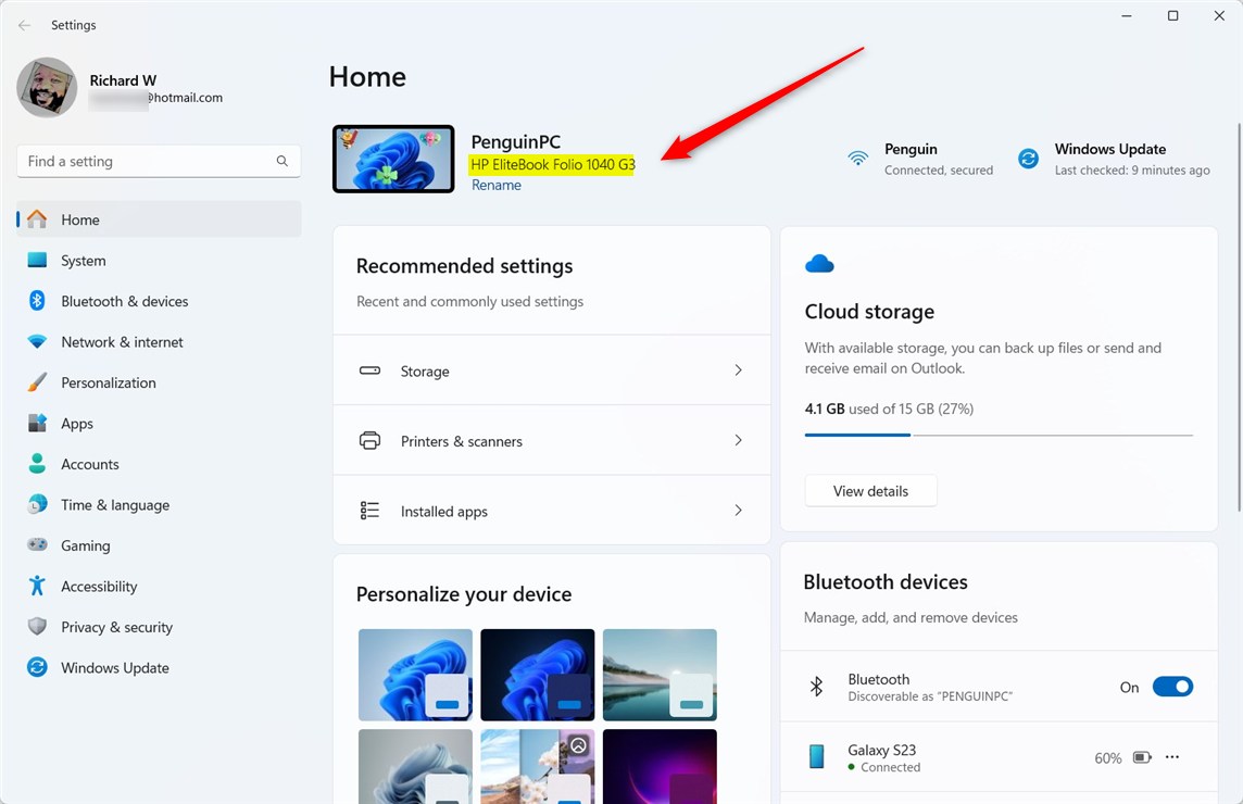 Название модели Windows 11 в приложении «Настройки»