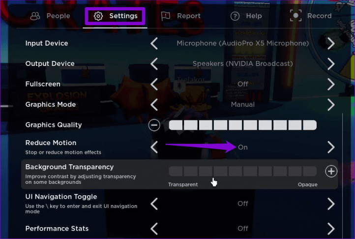 Включите «Уменьшение движения» в Roblox.