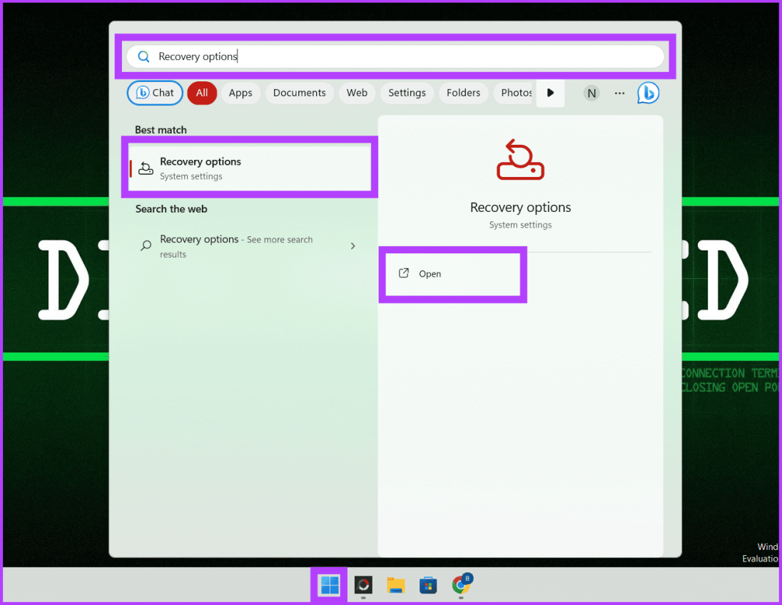 Введите «Параметры восстановления» и нажмите Enter.