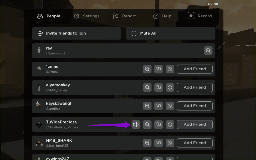 Включить звук пользователя в игре Roblox