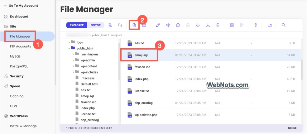 Загрузите файл SQL на сервер SiteGround