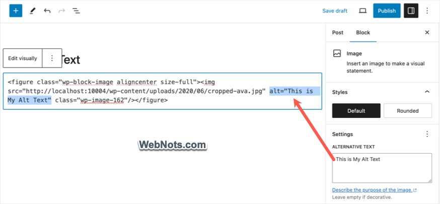 Просмотр атрибута Alt в исходном коде блока