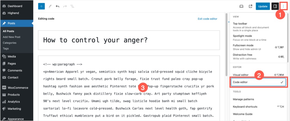 Посмотреть редактор кода в Гутенберге