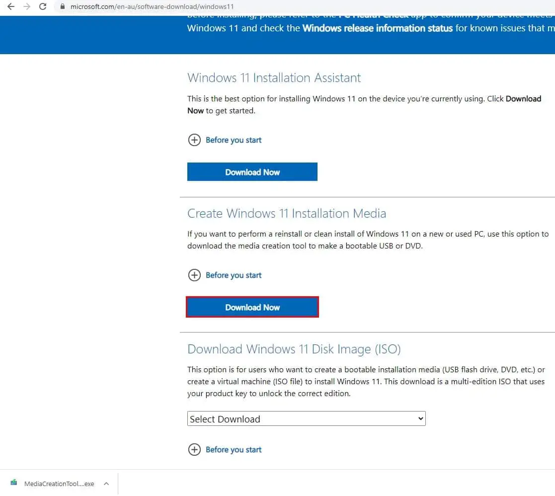 Страница загрузки Windows 11