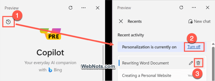 Удалить историю чата и отключить персонализацию