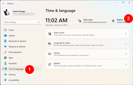 Кнопка «Регион» в настройках Windows 11.