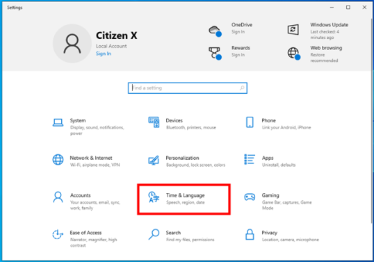 Время и язык в настройках Windows 10