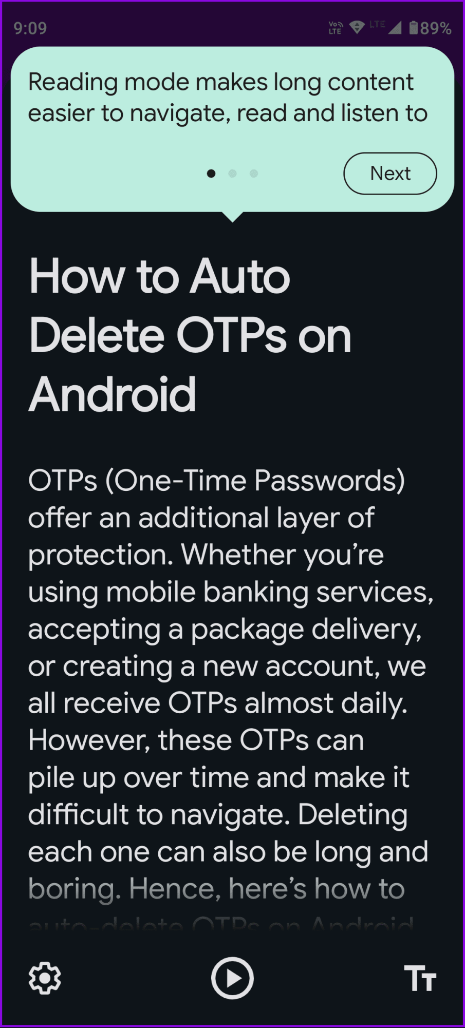 Окно режима чтения Android