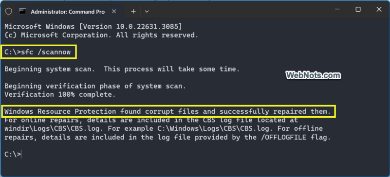SFC-сканирование исправленных поврежденных файлов