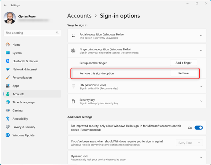 Отключить распознавание отпечатков пальцев (Windows Hello)
