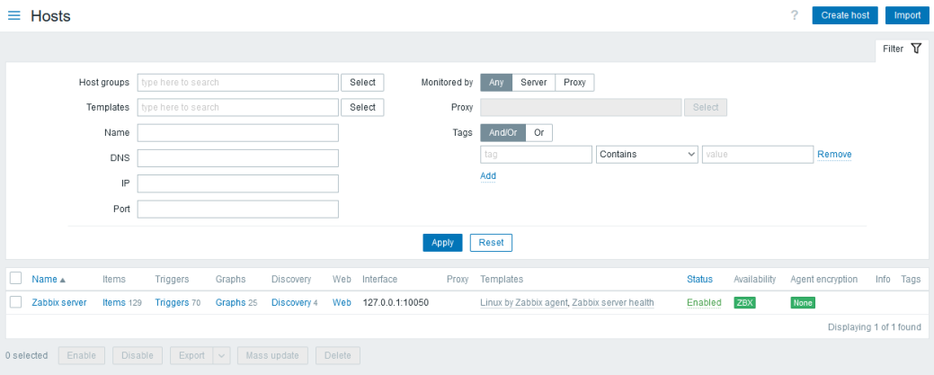 Рис. 7. Страница Hosts сразу после установки сервера Zabbix
