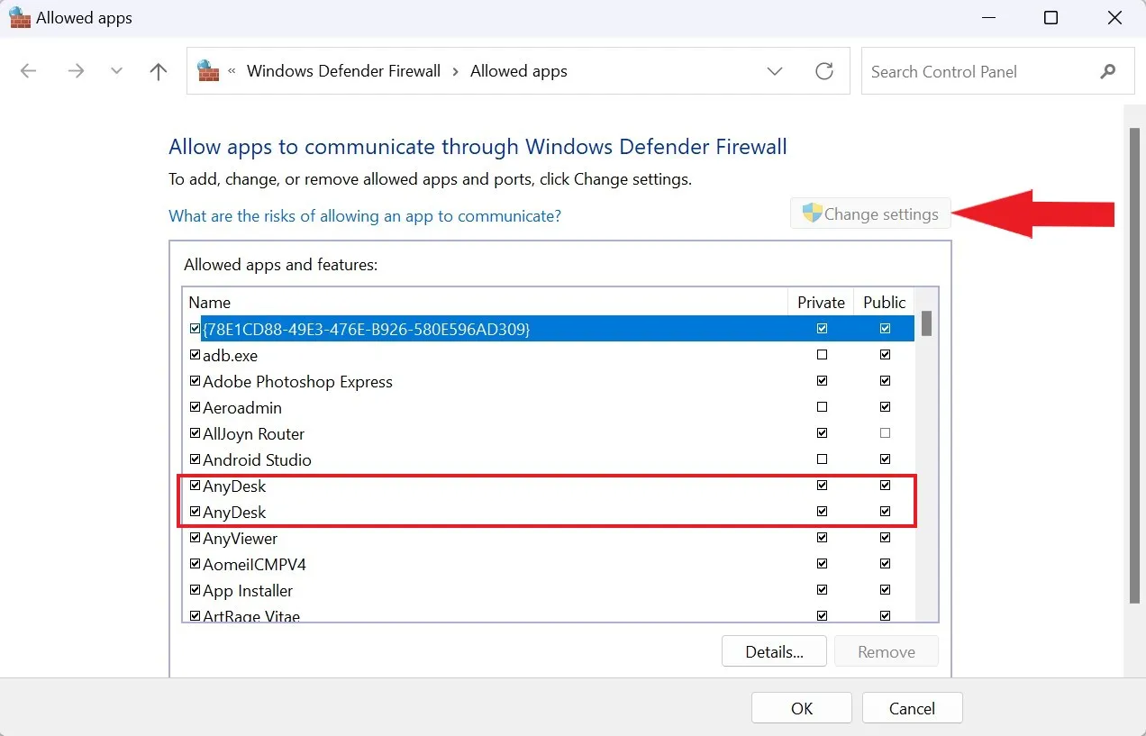 Разрешить AnyDesk в системе безопасности Windows