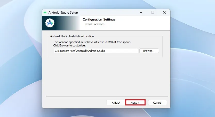 Место установки Android Studio
