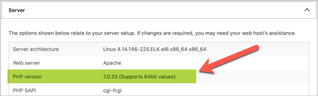 Проверьте версию PHP в здоровье сайта WordPress