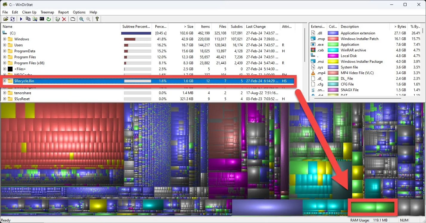 Проверьте размер корзины с помощью WinDirStat