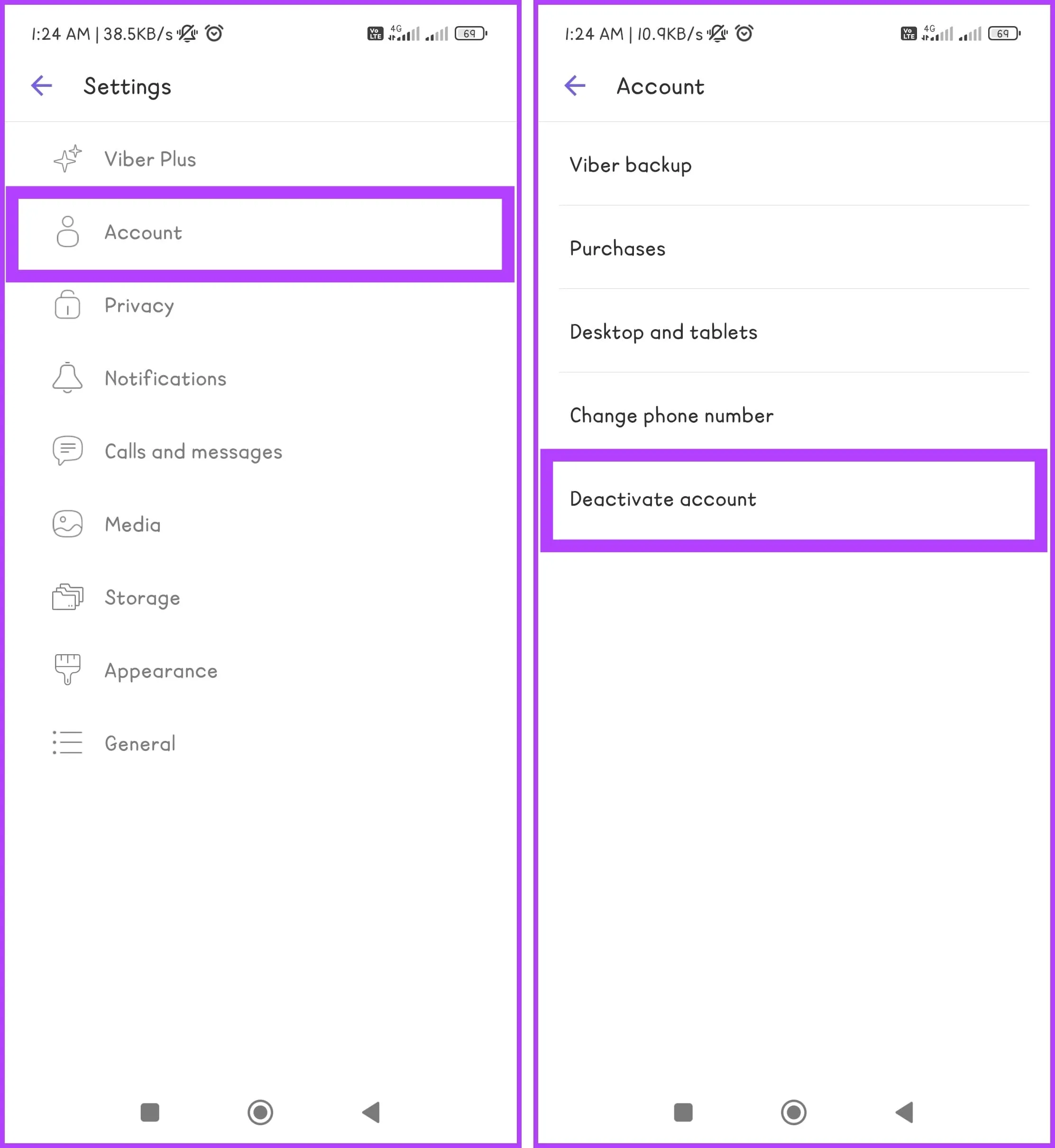 Выберите опцию «Учетная запись» и нажмите «Деактивировать учетную запись».
