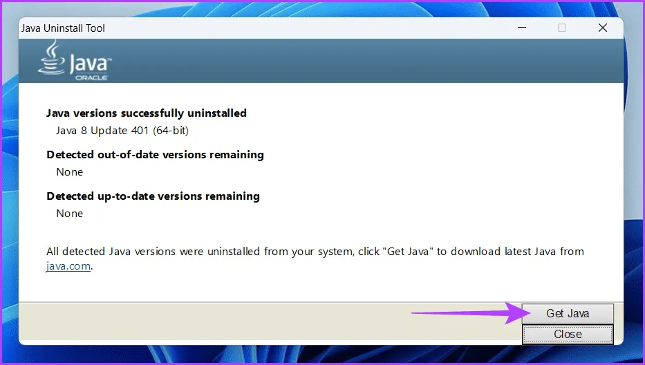 Нажмите кнопку «Получить Java».