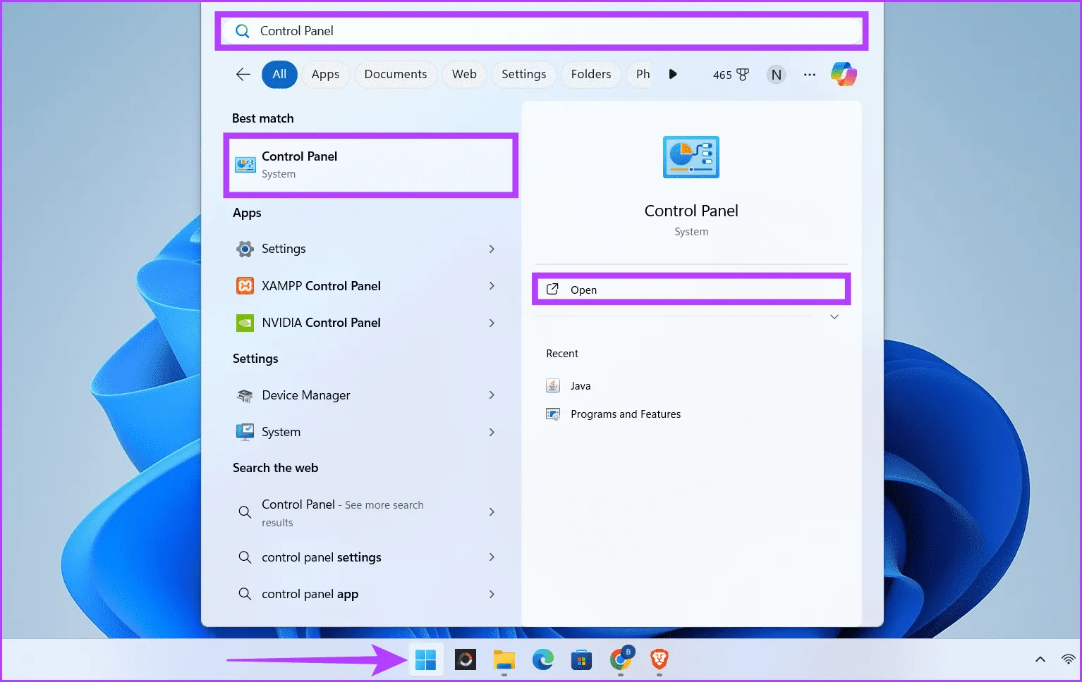 Щелкните значок «Пуск» типа «Панель управления» и нажмите «Открыть».