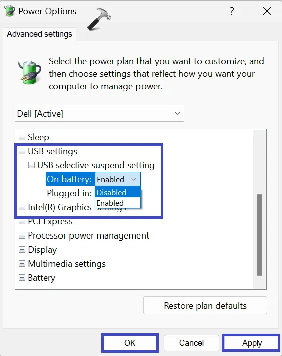 Панель управления — отключить настройки выборочной приостановки USB