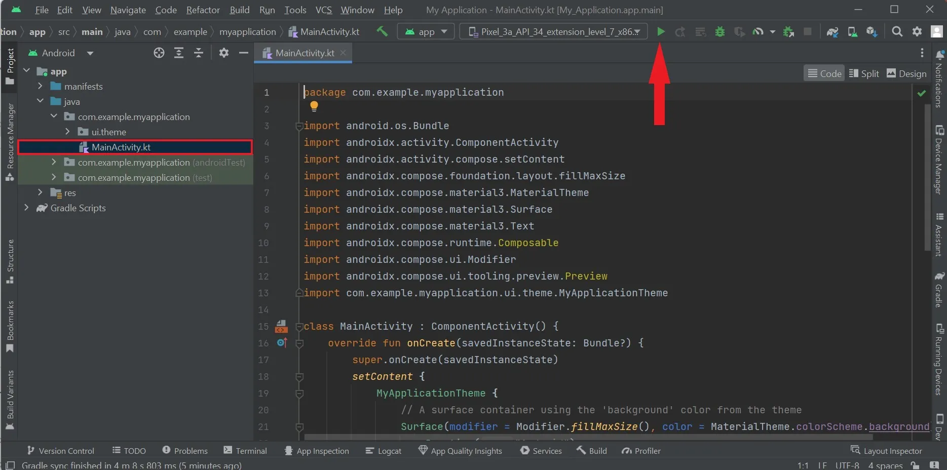 Создано первое приложение в Android Studio.