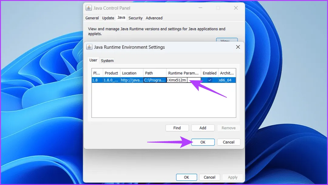 Дважды щелкните столбец «Параметры выполнения», напишите Xmx512m и нажмите «ОК».
