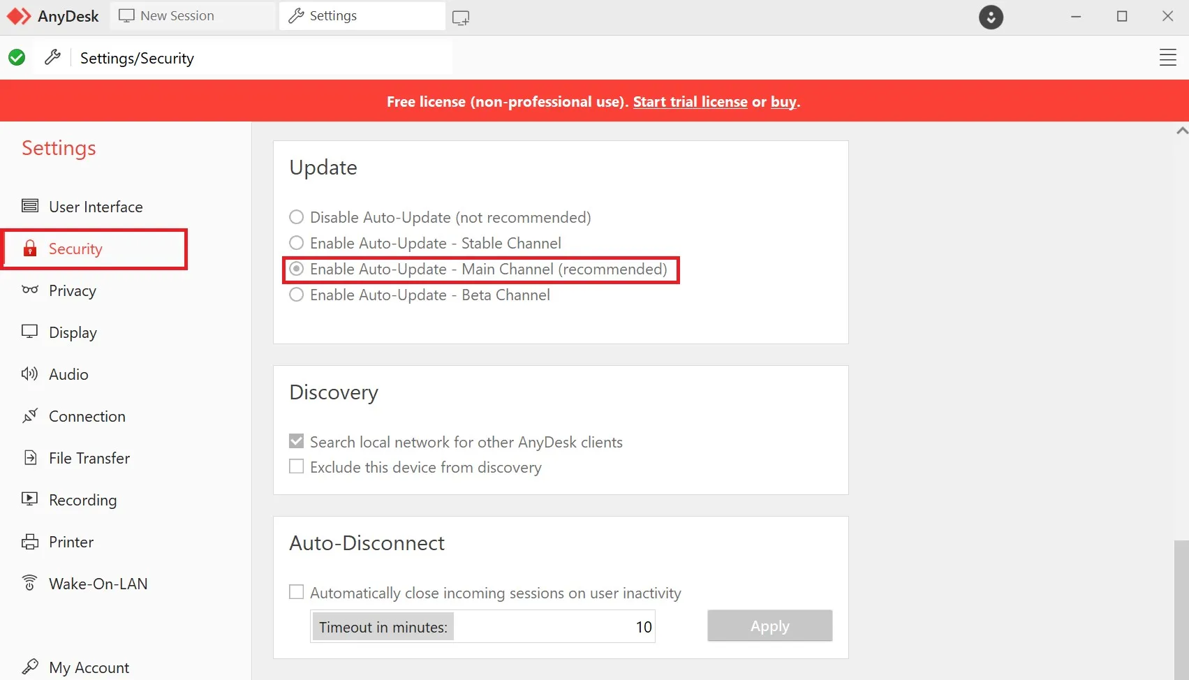 Включение автоматического обновления на AnyDesk