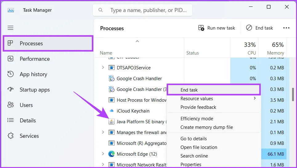 Убедитесь, что на вкладке «Процессы» найдите все программы Java, щелкните их правой кнопкой мыши и выберите «Завершить задачу».